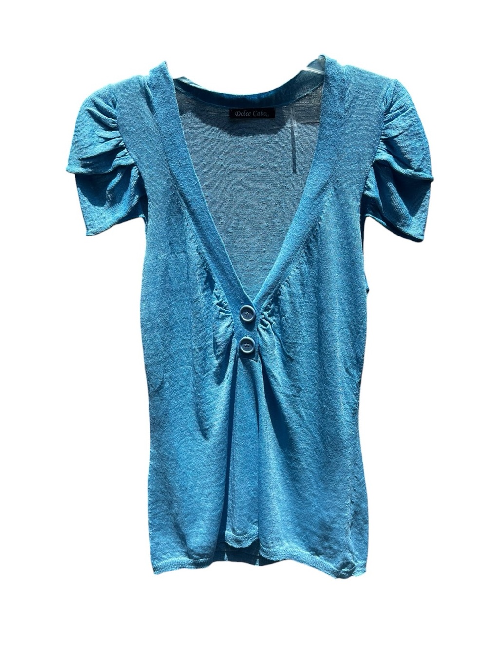 🌻NEW Dolce Cabo Soft Denim Blue Linen Blend Knit Top Puff Sleeve V-Neck Size M